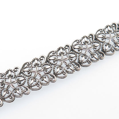 ROSS SIMONS Sterling Silver Vintage Flower & Heart Oxidized Link Bracelet 7.25"