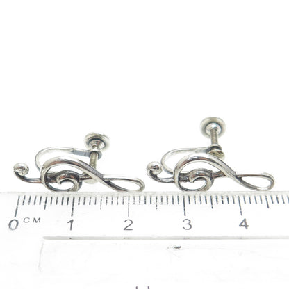 BEAU 925 Sterling Silver Antique Art Deco Treble Clef Screw Back Earrings