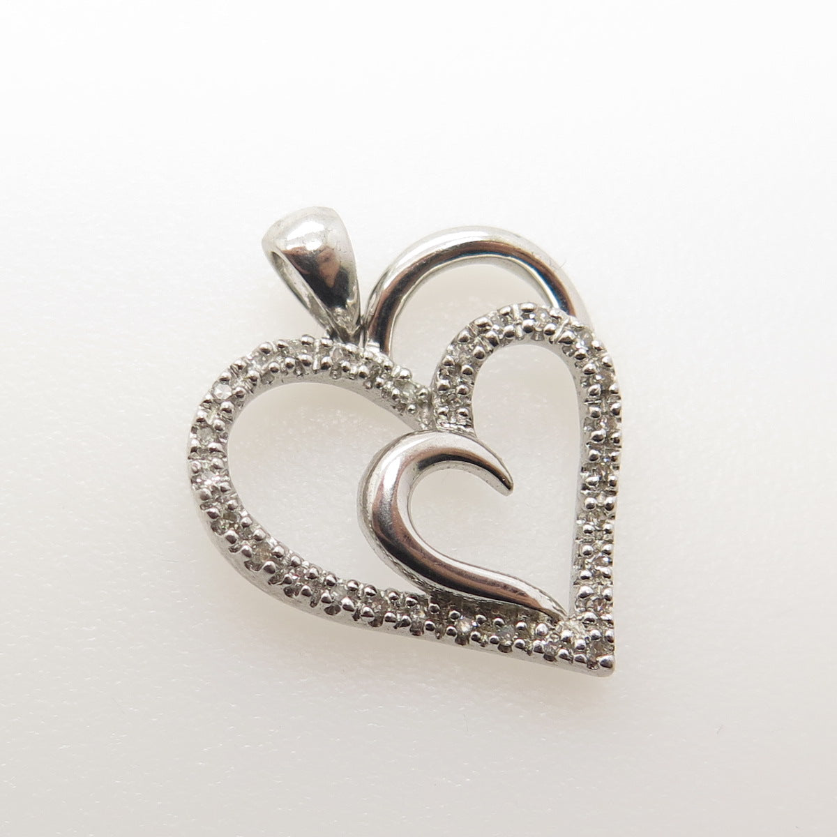 SUN 925 Sterling Silver Real Round-Cut White Diamond Heart Pendant