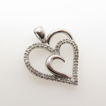 SUN 925 Sterling Silver Real Round-Cut White Diamond Heart Pendant