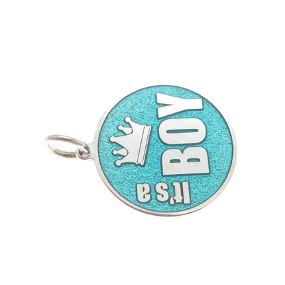 925 Sterling Silver Turquoise Enamel It's A Boy Crown Minimalist Charm Pendant