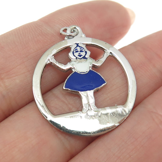 925 Sterling Silver Antique White & Blue Enamel Ballerina Girl Round Pendant