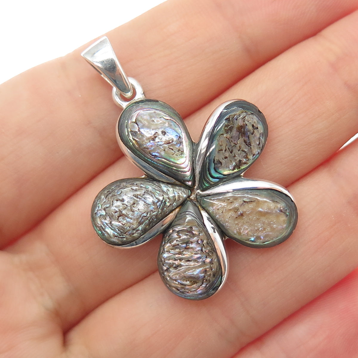 925 Sterling Silver Vintage Real Abalone Shell Flower Charm Pendant