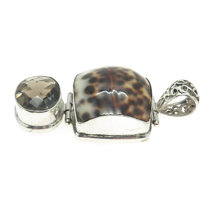 925 Sterling Silver Vintage Real Seashell & Smoky Quartz Modernist Pendant