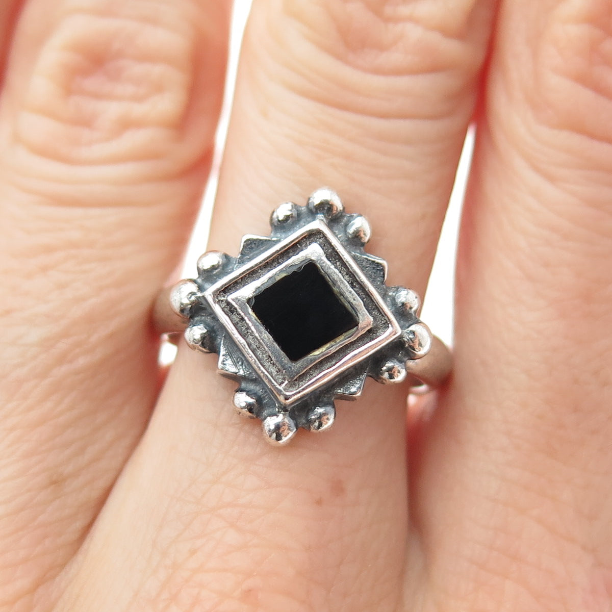 925 Sterling Silver Vintage Real Black Onyx Oxidized Ring Size 8