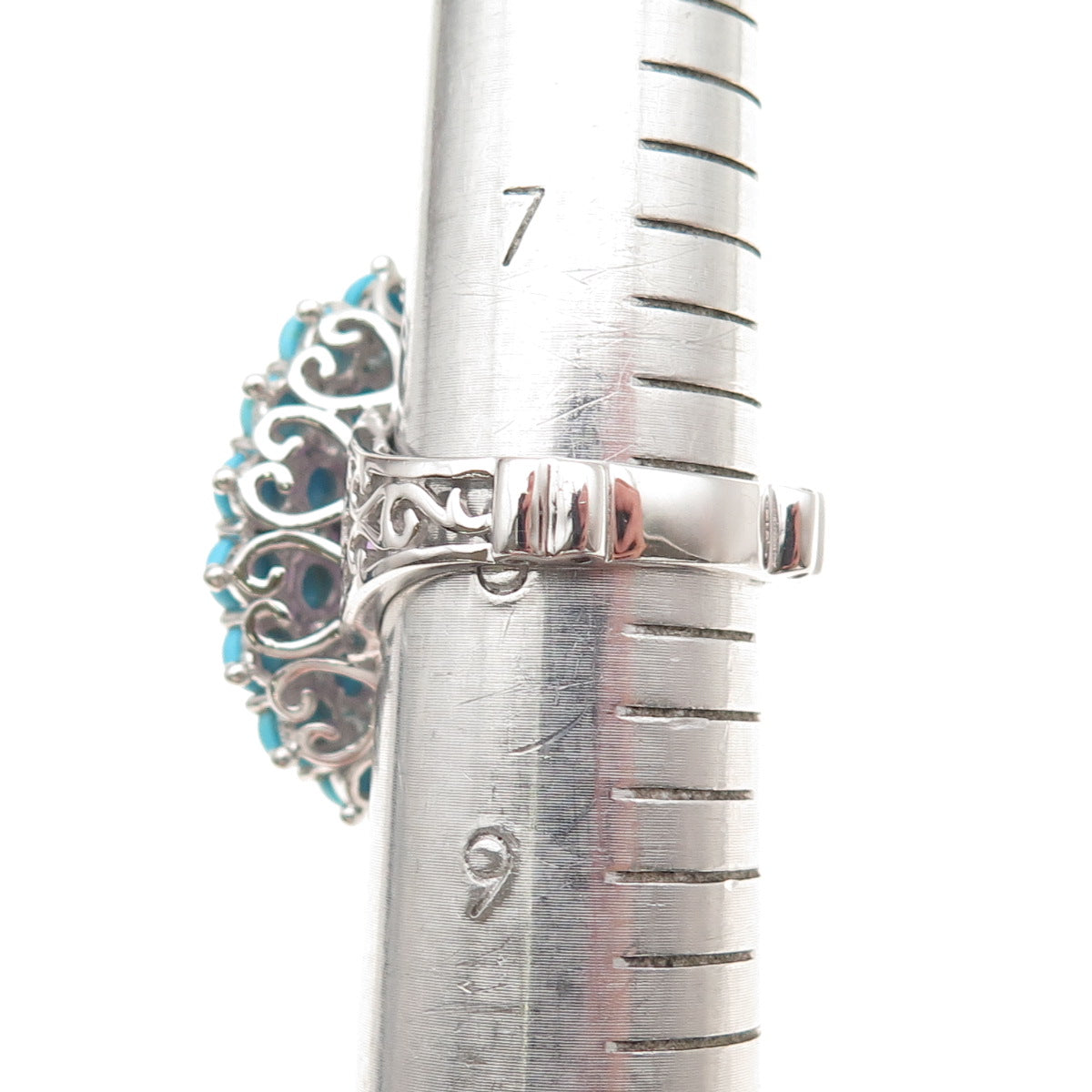 925 Sterling Silver Real Turquoise Amethyst & White Topaz Ring Size 8