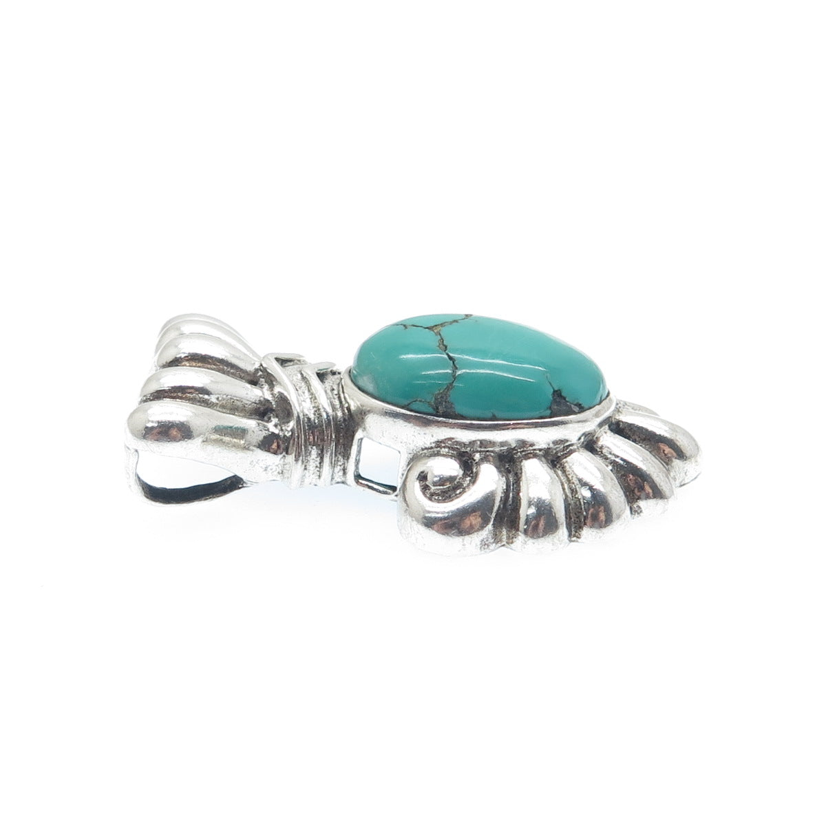 925 Sterling Silver Vintage Real Kingman Turquoise Ribbed Oxidized Slide Pendant