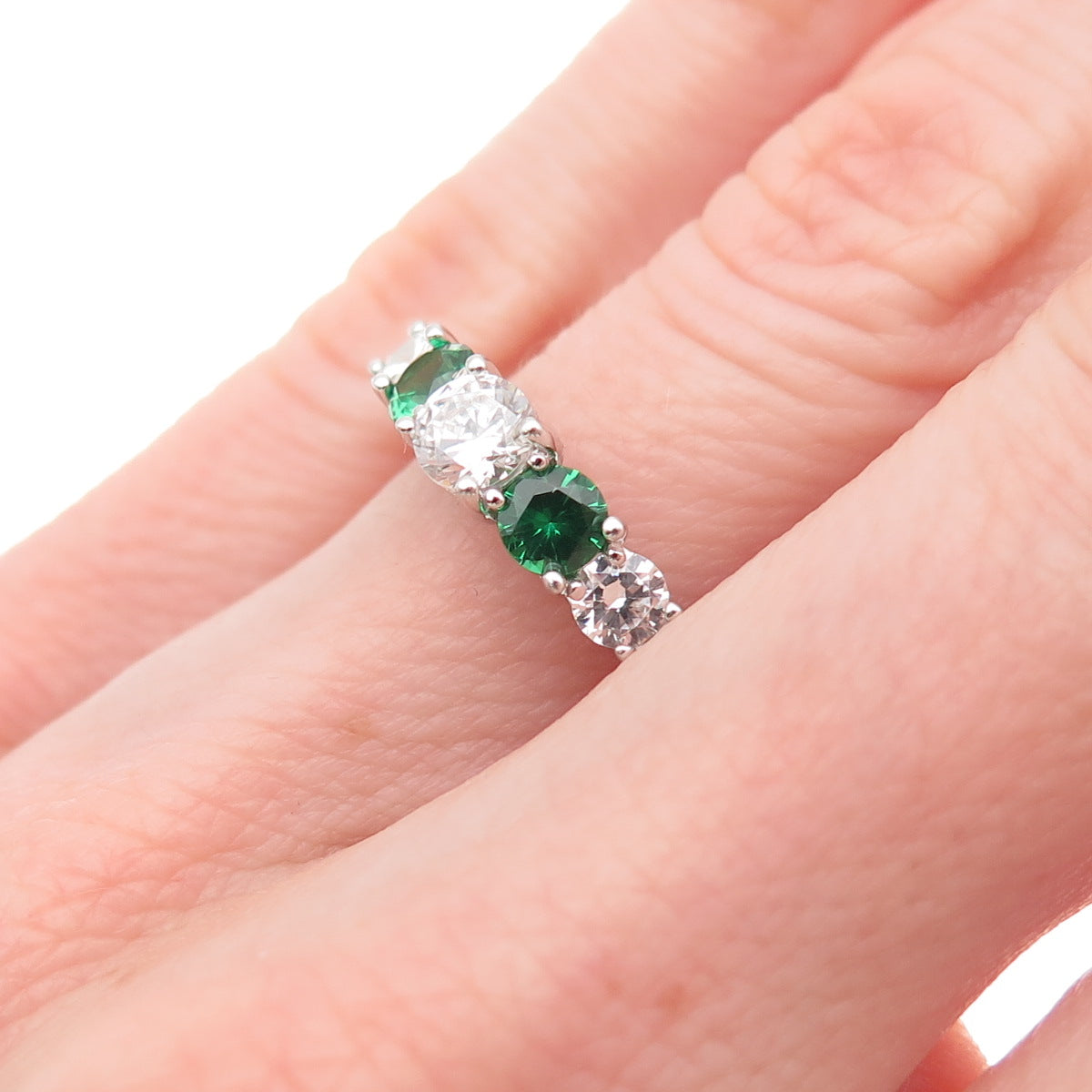 925 Sterling Silver Real Round-Cut Chrome Diopside & C Z Ring Size 5.25