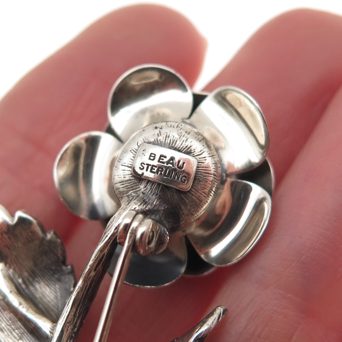 Beau 925 Sterling Silver Vintage Rose Flower Oxidized Pin Brooch