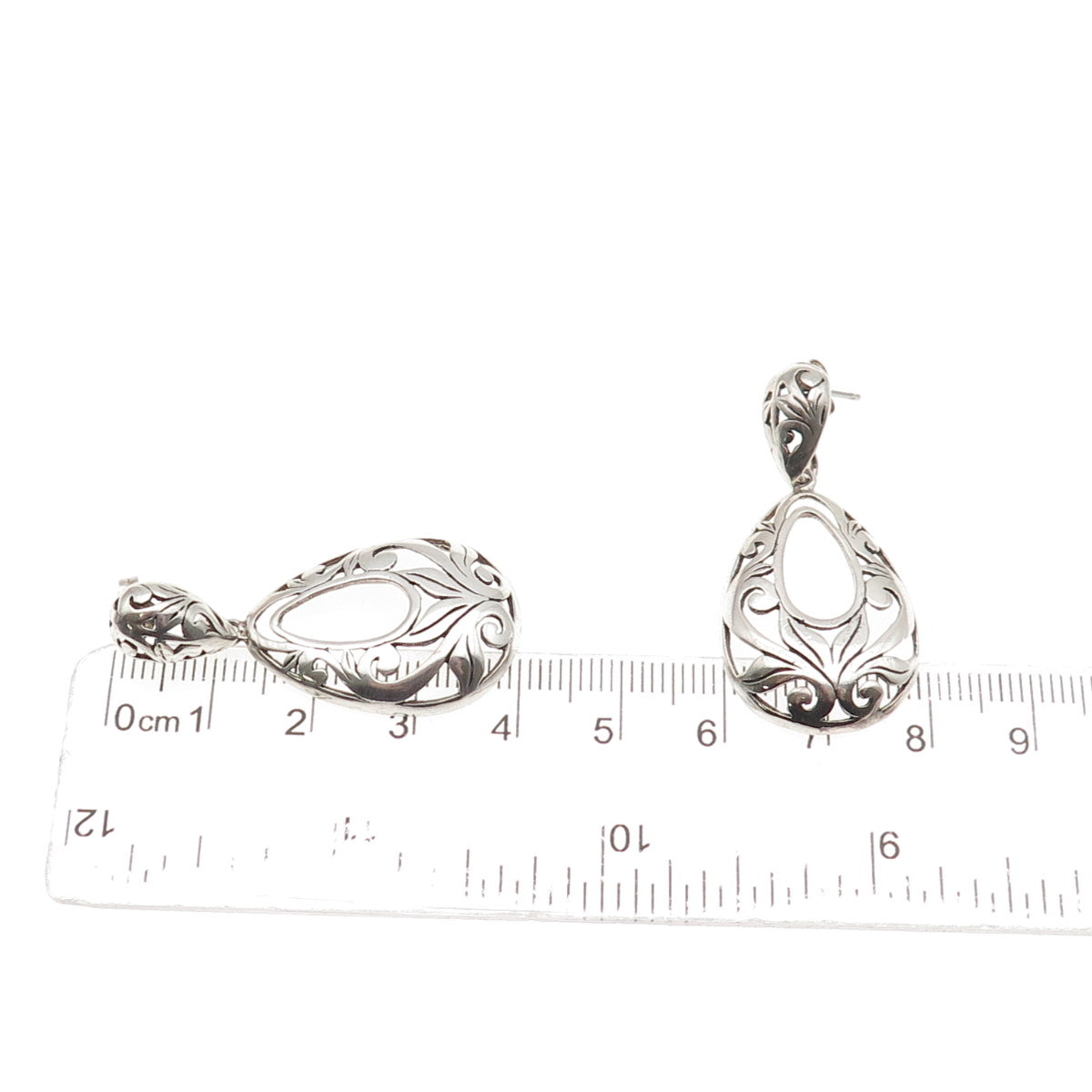 925 Sterling Silver Vintage Modernist Floral Teardrop Dangle Earrings