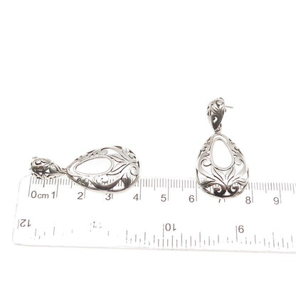 925 Sterling Silver Vintage Modernist Floral Teardrop Dangle Earrings