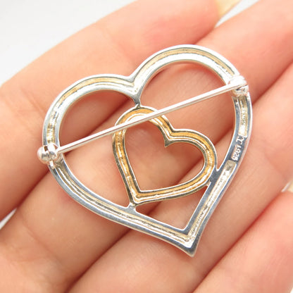 925 Sterling Silver 2-Tone Vintage Couple of Heart Pin Brooch