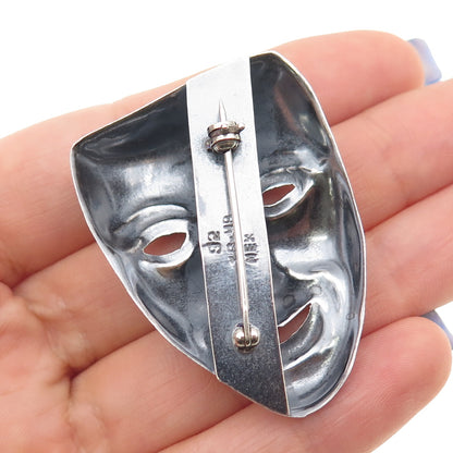 925 Sterling Silver Vintage Mexico Comedy Mask Oxidized Pin Brooch