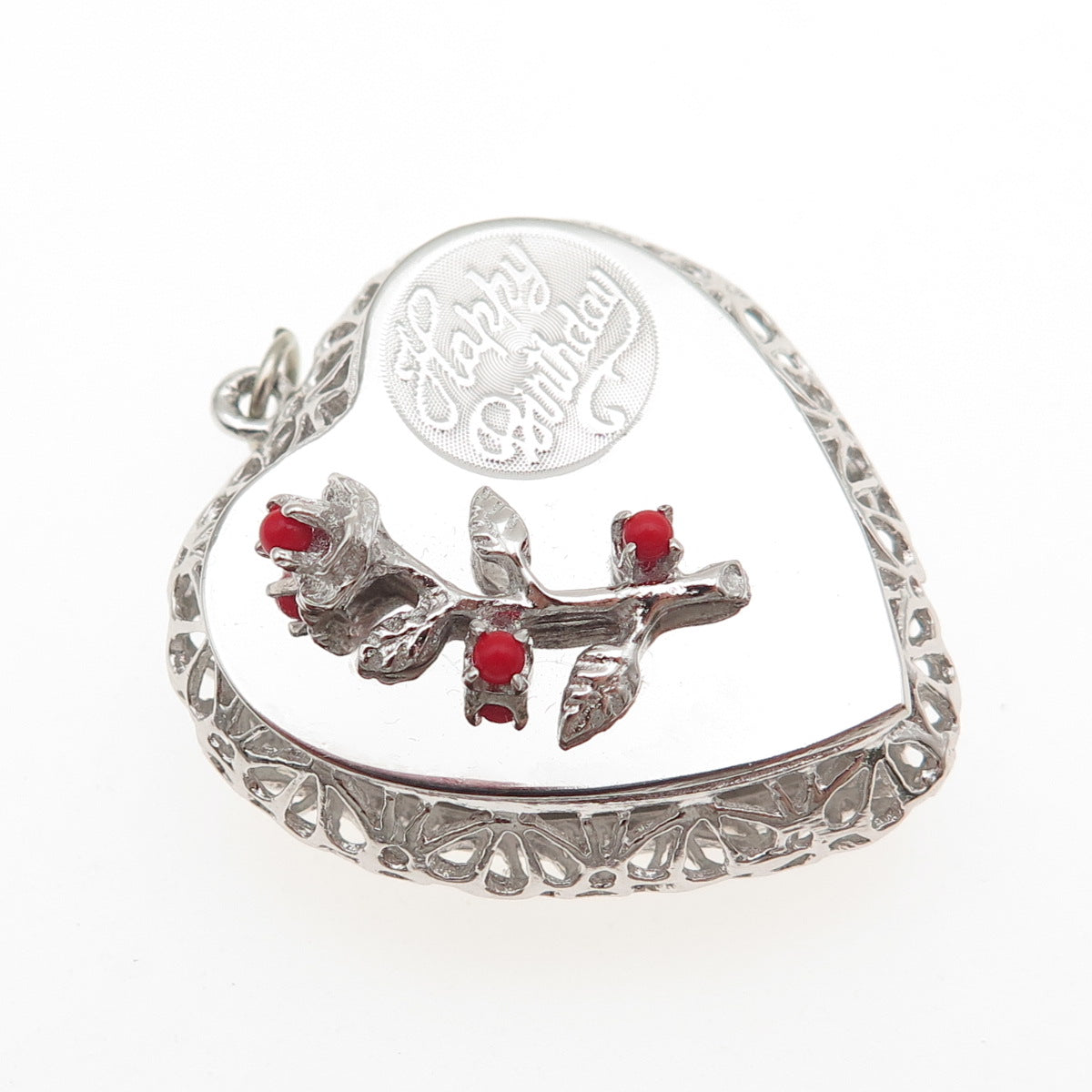 MARK MERCY 925 Sterling Silver Vintage Rhinestone Happy Birthday Heart Pendant