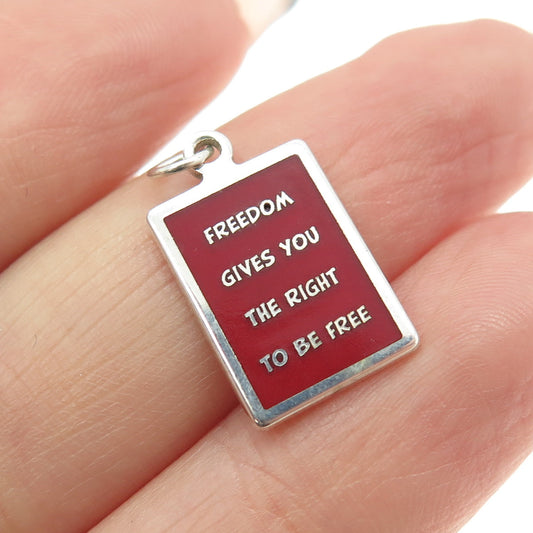 925 Sterling Silver Red Enamel "Freedom Gives You The Right To Be Free" Pendant