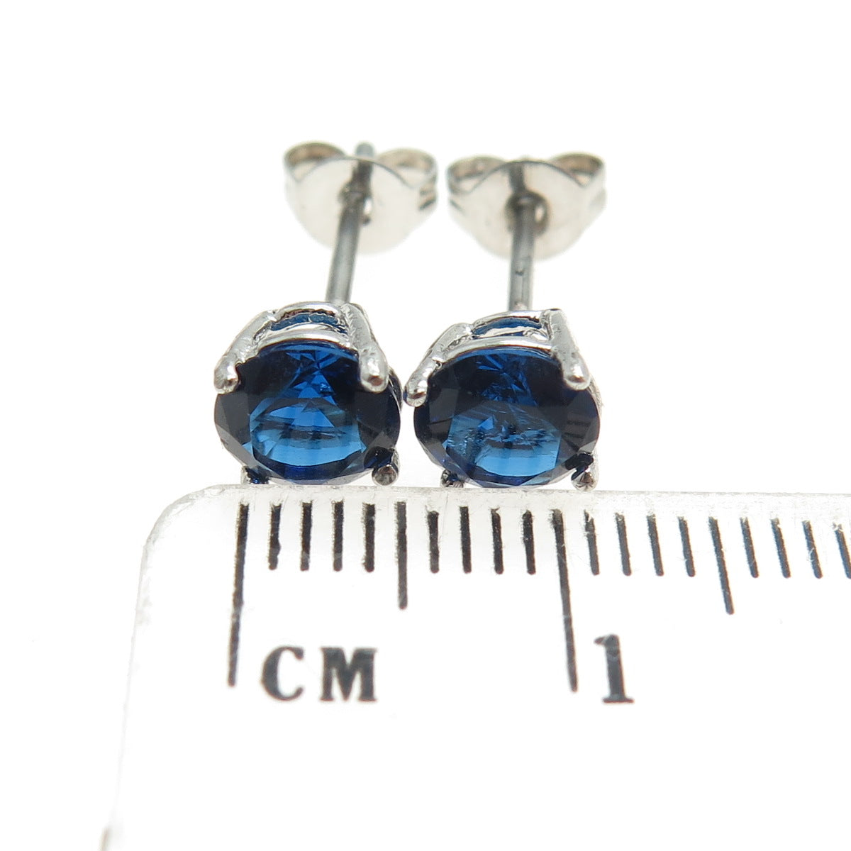 925 Sterling Silver Round-Cut Blue C Z Stud Earrings