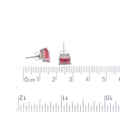 925 Sterling Silver Princess-Cut Fire C Z Stud Earrings