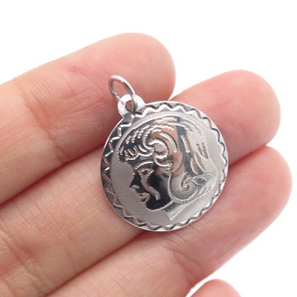 JANEL 925 Sterling Silver Vintage Engraved Girl Profile Minimalist Charm Pendant