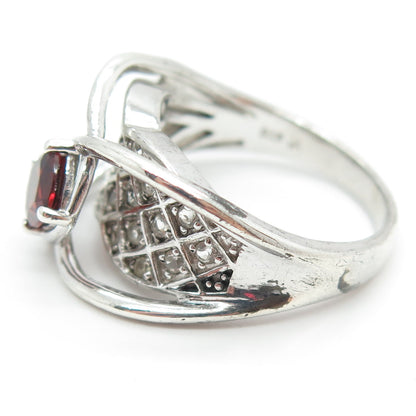 925 Sterling Silver Real White Topaz & Red Garnet Gemstone Ring Size 9.25