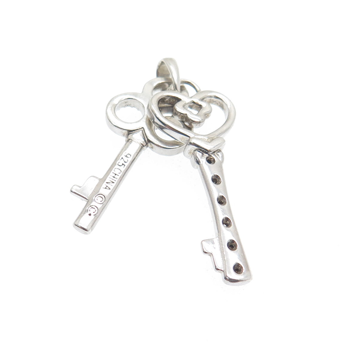 925 Sterling Silver Real Diamond Heart & Club Key Double Charm Pendant