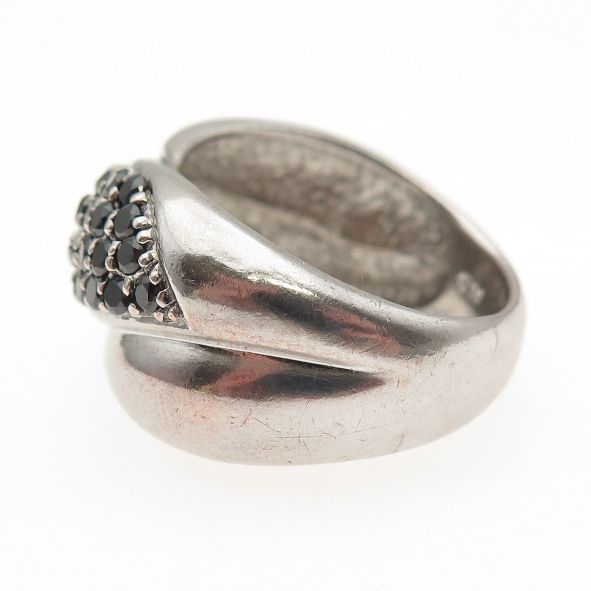 925 Sterling Silver Real Round-Cut Black Spinel Crisscross Ring Size 8.75