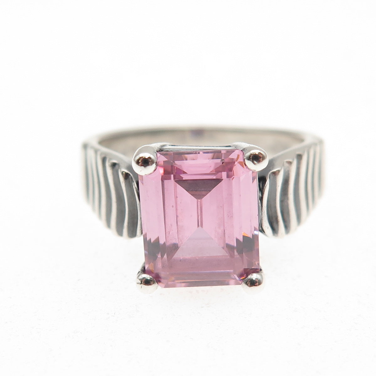 925 Sterling Silver Vintage Emerald-Cut Pink C Z Oxidized Ring Size 7
