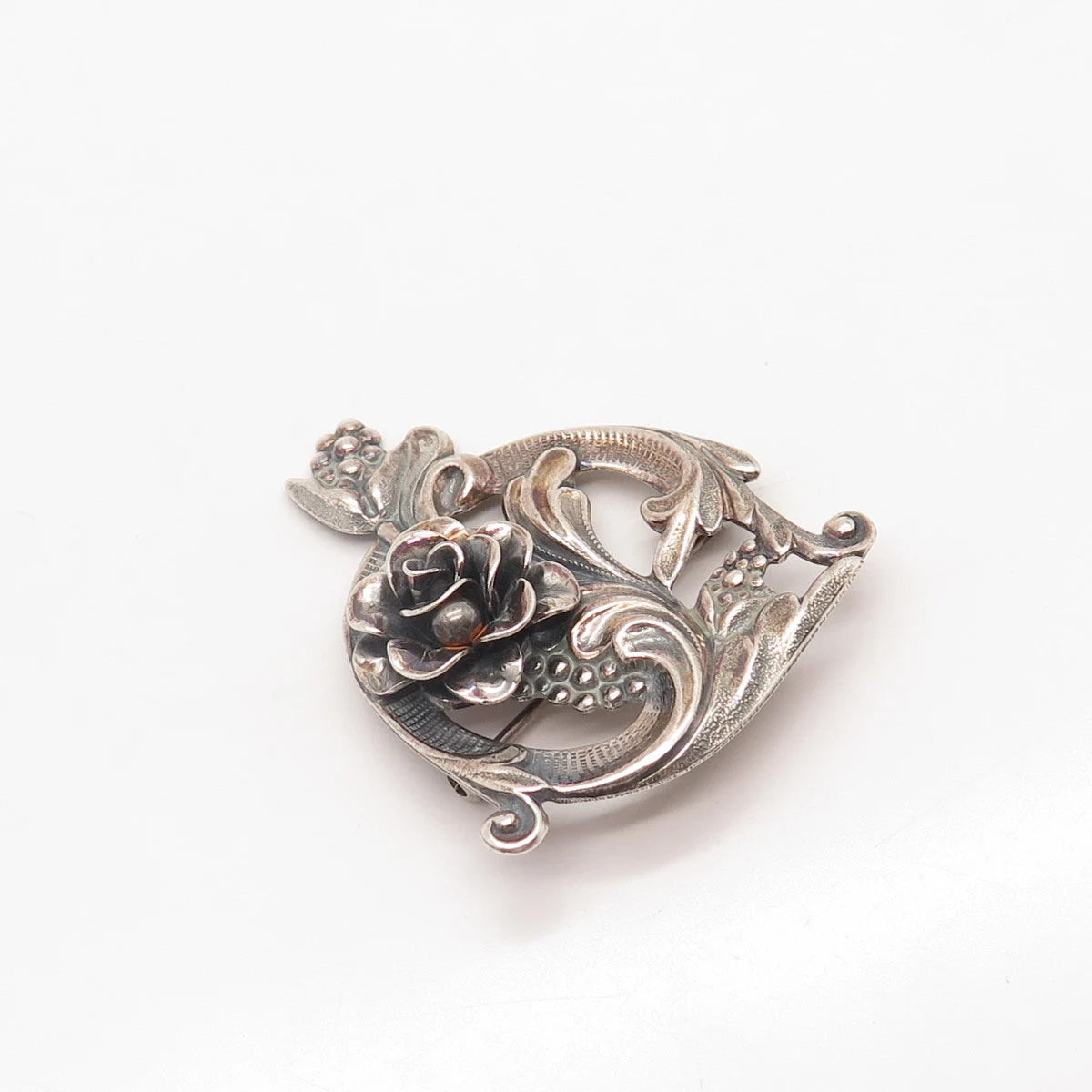 925 Sterling Silver Vintage Jewelart Rose Floral Pin Brooch