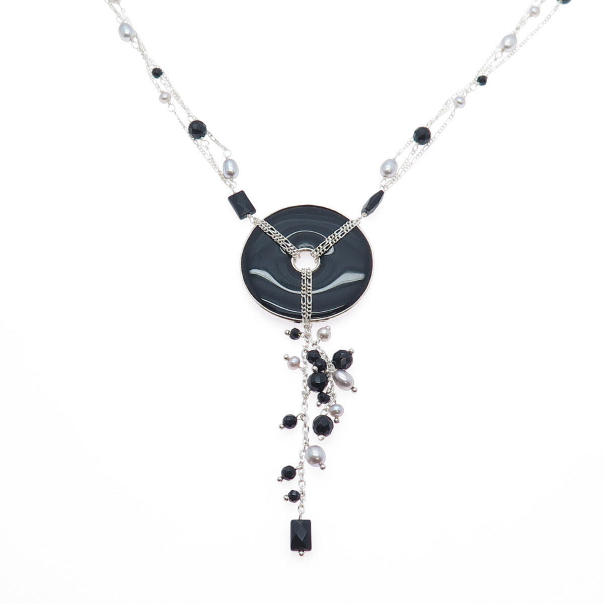LUCAS LAMETH LUC 925 Sterling Silver Vintage Black Onyx & Pearl Necklace 22-24"