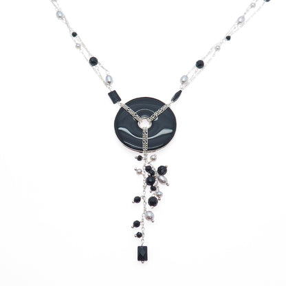 LUCAS LAMETH LUC 925 Sterling Silver Vintage Black Onyx & Pearl Necklace 22-24"