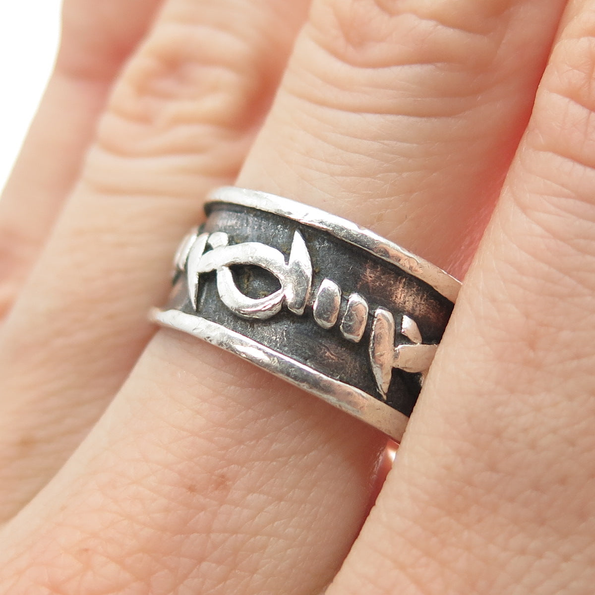 KEN CRAFTS 925 Sterling Silver Vintage Barbed Wire Oxidized Band Ring Size 9.75