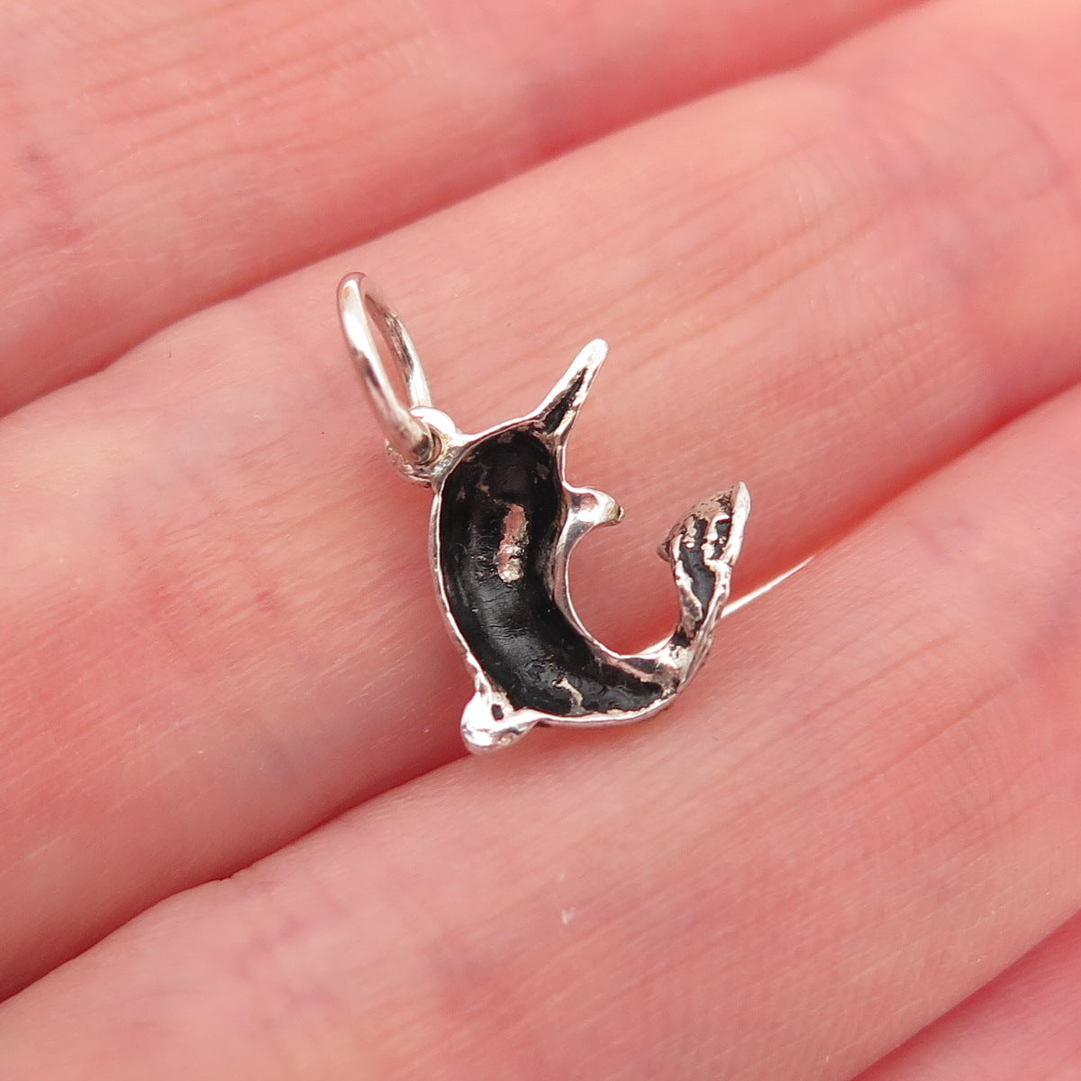925 Sterling Silver Vintage Dolphin Oxidized Mini Charm Pendant