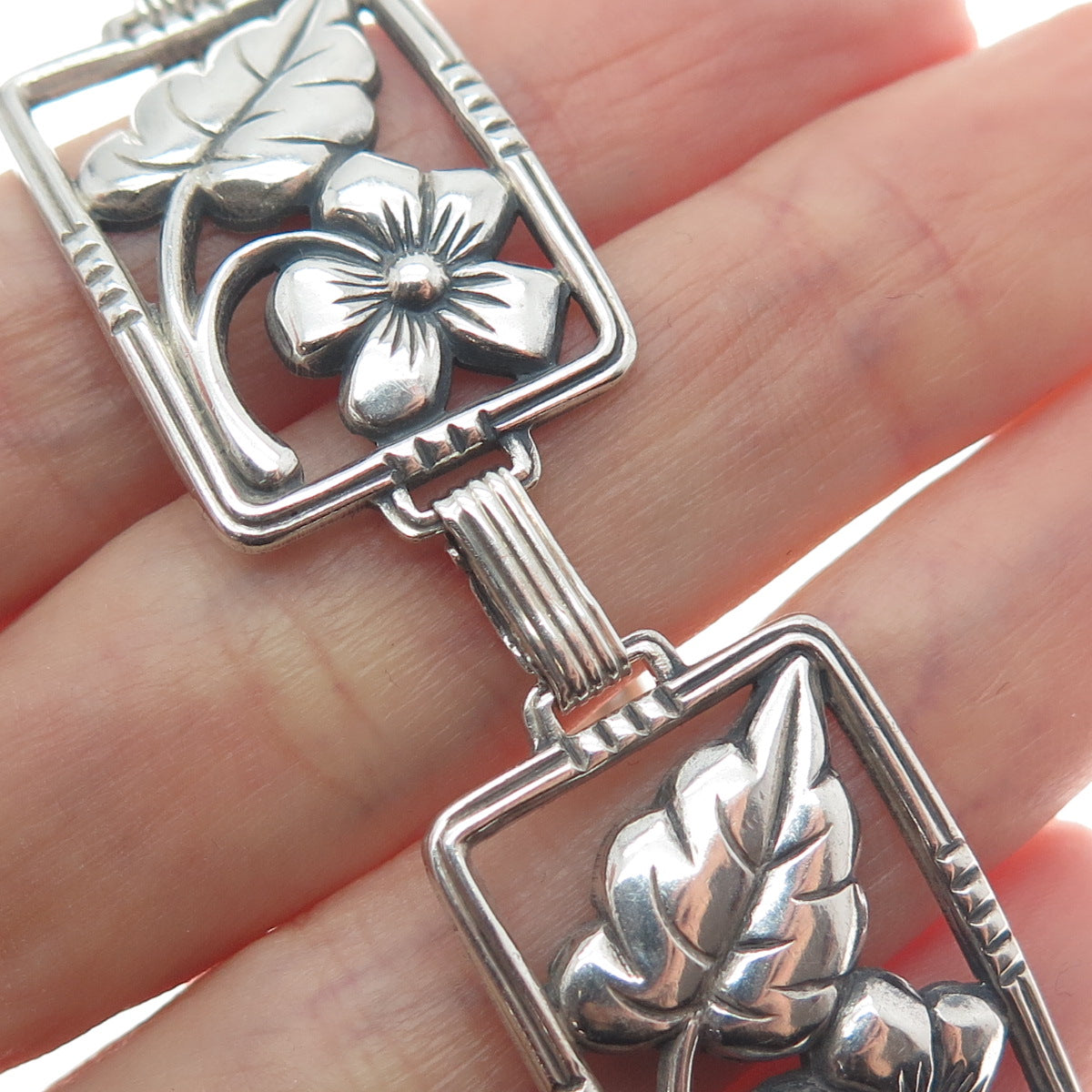 DANECRAFT 925 Sterling Silver Antique Art Deco Flower Panel Link Bracelet 7"
