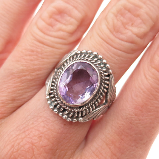 925 Sterling Silver Vintage Real Amethyst Floral Oxidized Ring Size 8.25