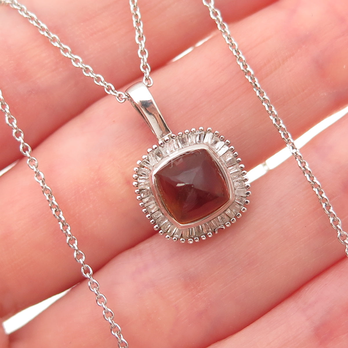 D'Joy 925 Sterling Silver Real Diamond & Amber Cable Chain Necklace 18"