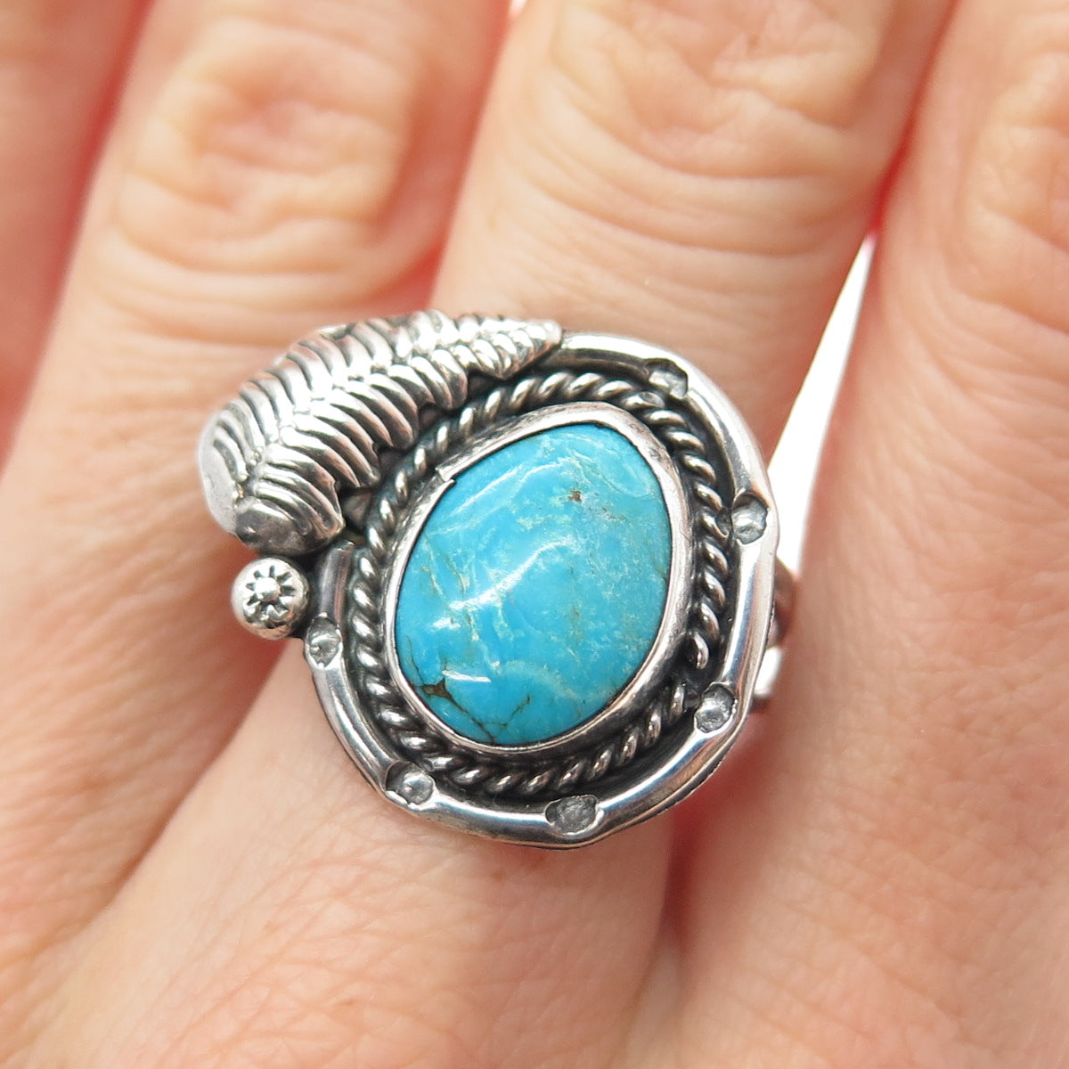 Old Pawn Sterling Silver Vintage Southwestern Turquoise Feather Ring Size 9.75