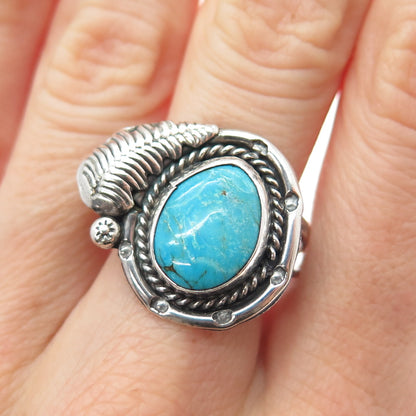 Old Pawn Sterling Silver Vintage Southwestern Turquoise Feather Ring Size 9.75