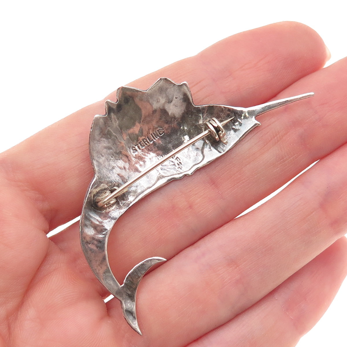 925 Sterling Silver Vintage Mexico Real Turquoise Swordfish Oxidized Pin Brooch