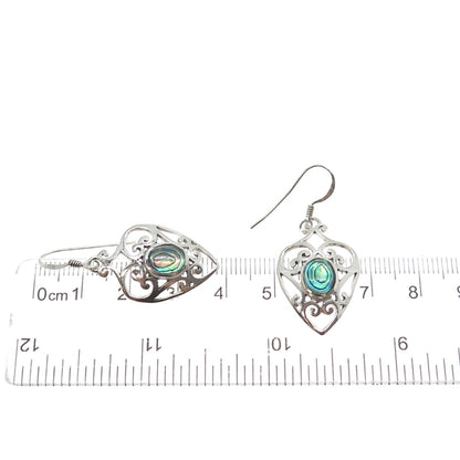 925 Sterling Silver Vintage Real Abalone Shell Ornate Heart Dangle Earrings