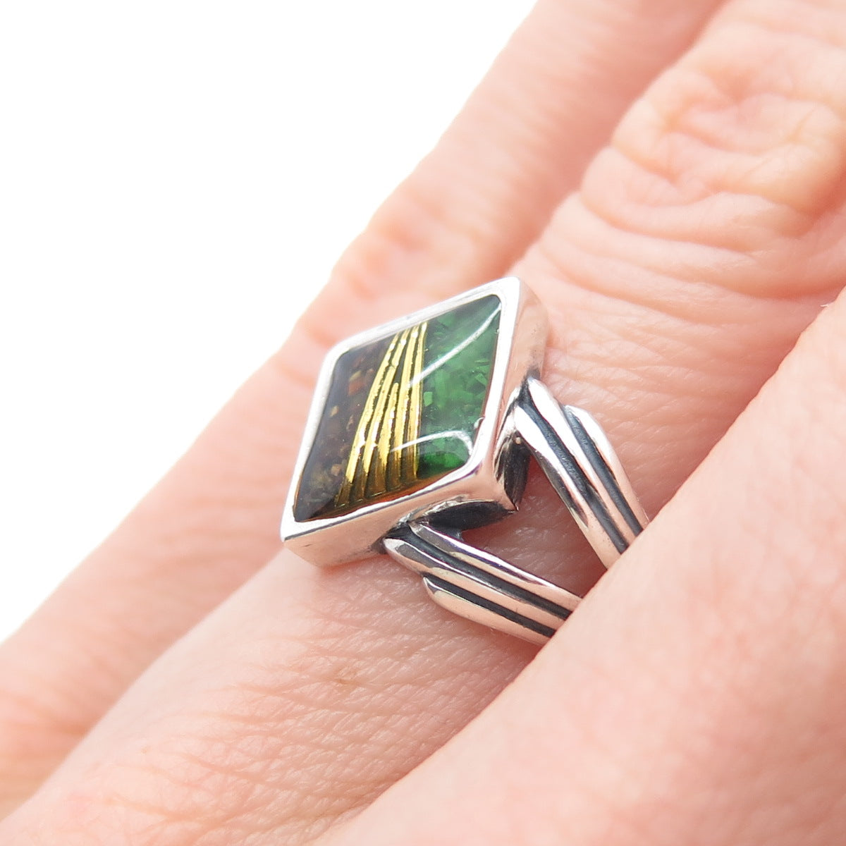 CAROLYN POLLACK Sterling 2-Tone Vintage Turquoise & Jasper Inlay Ring Size 6.25