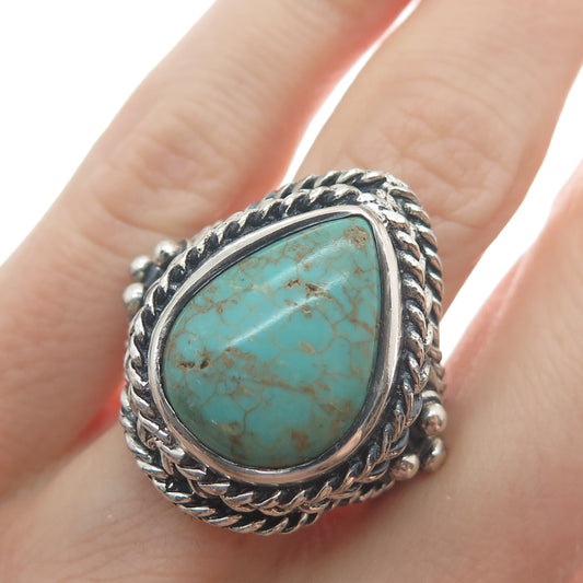 925 Sterling Silver Vintage Real Pear-Cut Turquoise Oxidized Ring Size 9.25