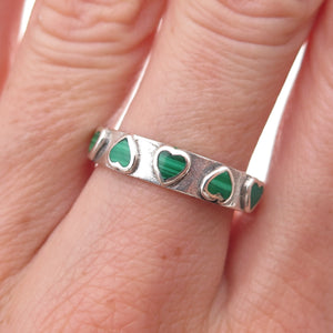 925 Sterling Silver Vintage Real Malachite Heart Oxidized Band Ring Size 8.75