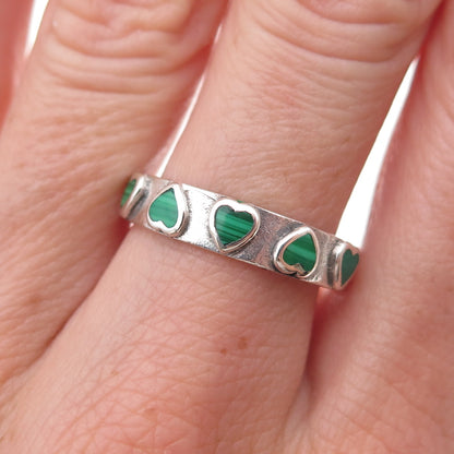 925 Sterling Silver Vintage Real Malachite Heart Oxidized Band Ring Size 8.75