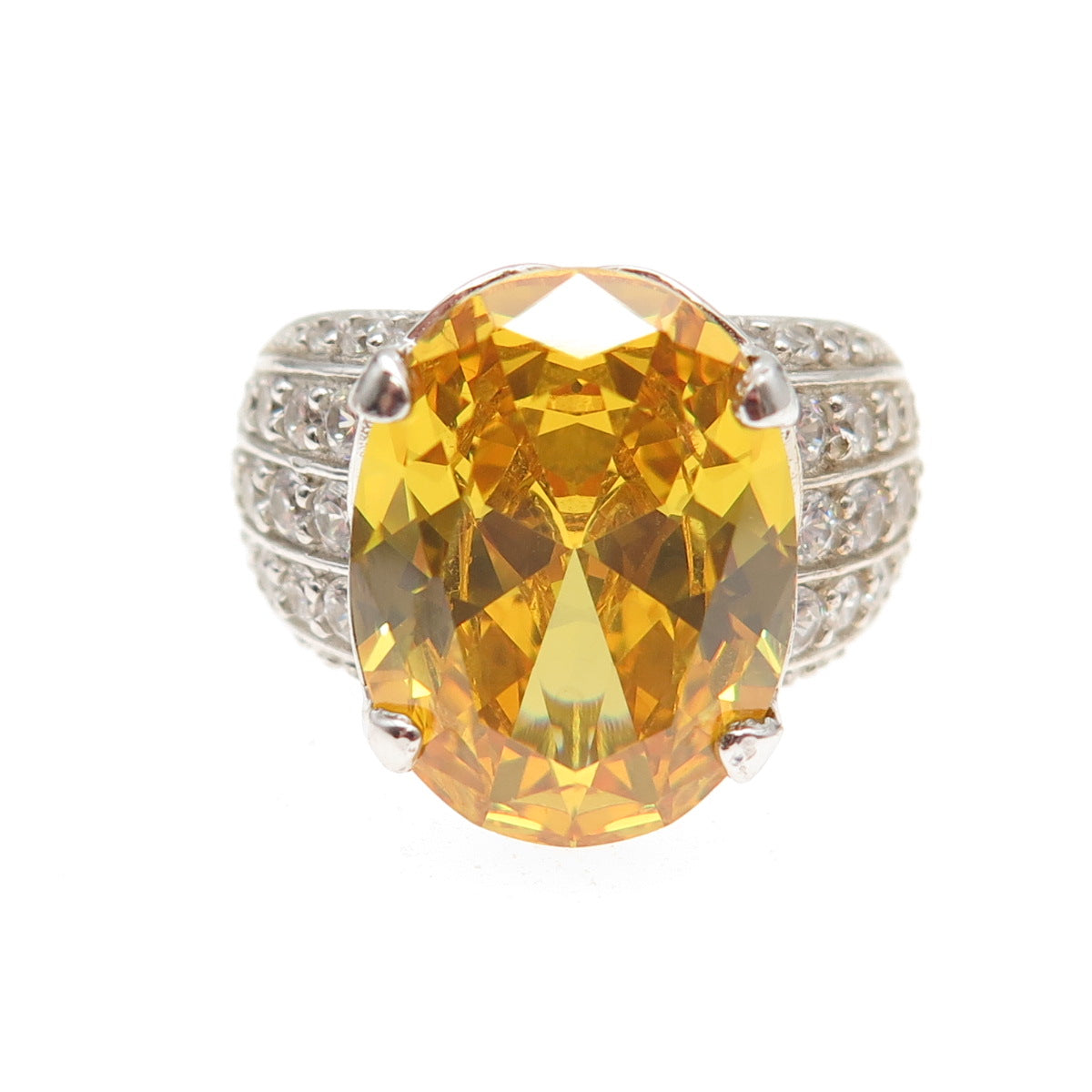 925 Sterling Silver Oval-Cut Canary & Round-Cut White C Z Ring Size 7.25
