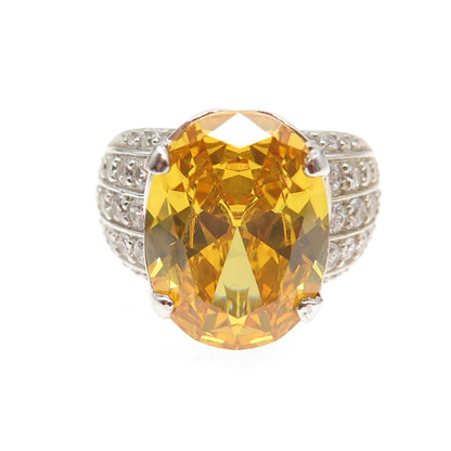 925 Sterling Silver Oval-Cut Canary & Round-Cut White C Z Ring Size 7.25