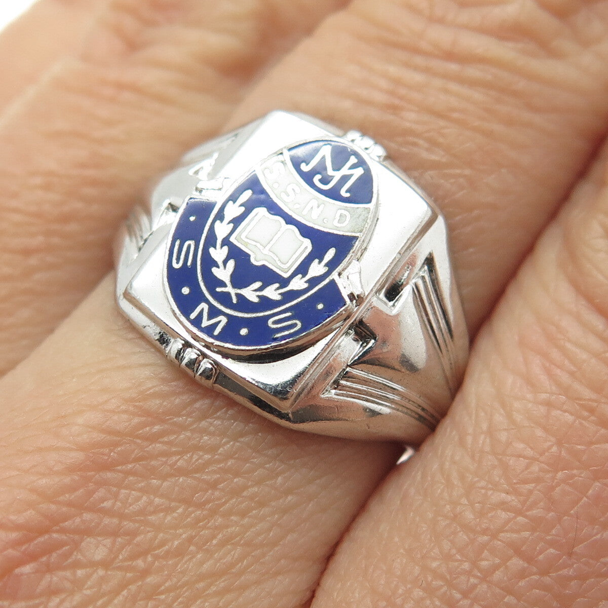 SK & F 925 Sterling Silver Vintage 1975 Enamel MJ Sister School Ring Size 8