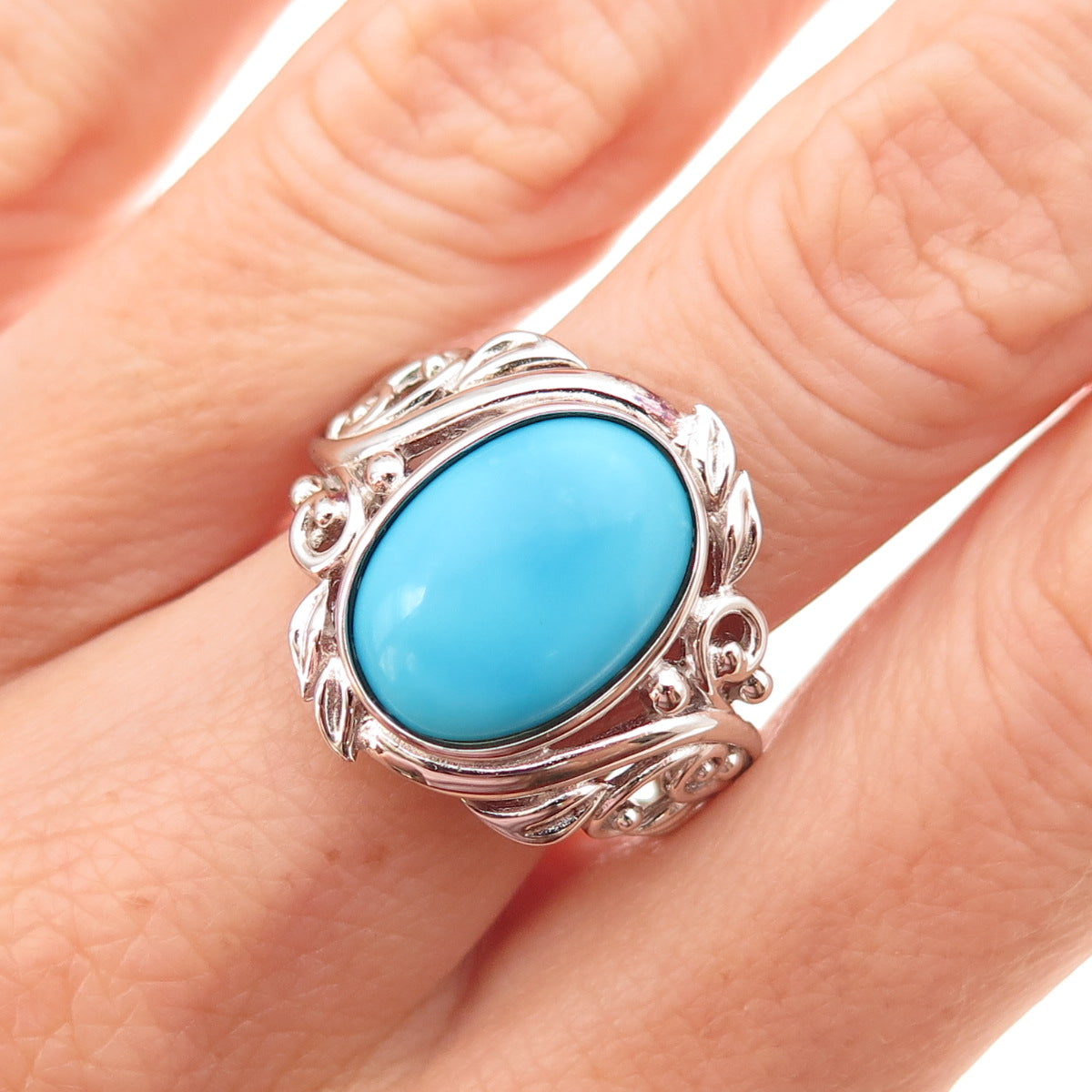 925 Sterling Silver Real Sleeping Beauty Turquoise Floral Ring Size 8.25