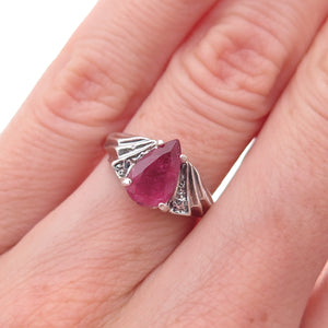 925 Sterling Silver Vintage Real Pink Tourmaline Teardrop Oxidized Ring Size 4.5