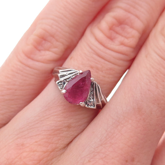 925 Sterling Silver Vintage Real Pink Tourmaline Teardrop Oxidized Ring Size 4.5