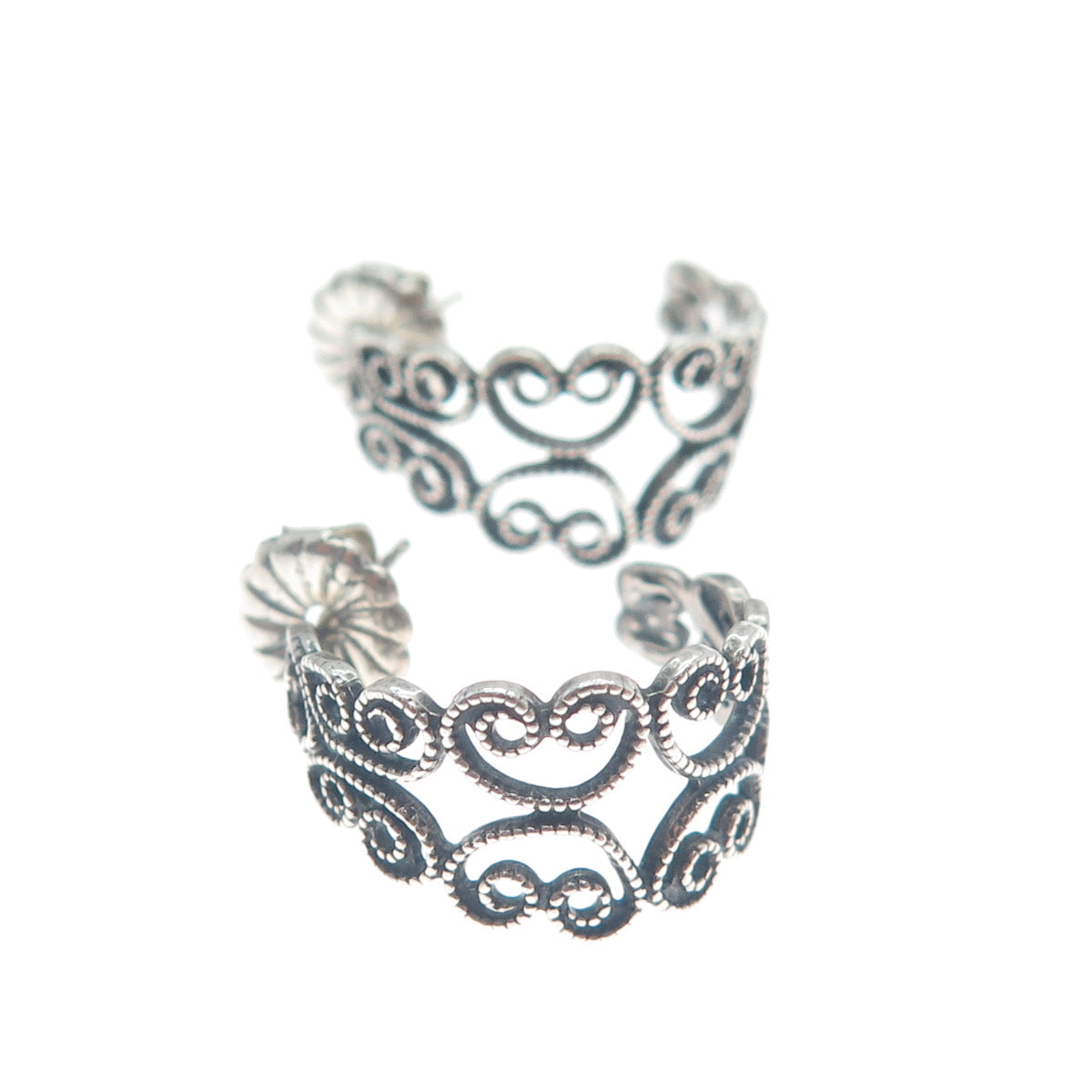 925 Sterling Silver Vintage Heart Ornate Oxidized Hoop Earrings