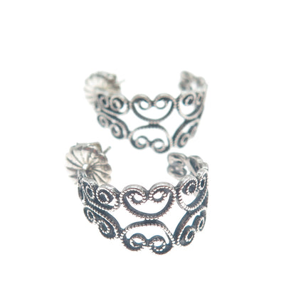 925 Sterling Silver Vintage Heart Ornate Oxidized Hoop Earrings